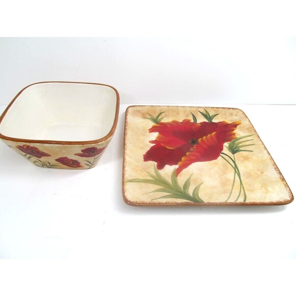 Pier 1 "Poppies" 8" Square Salad Plate And 6" Square Bowl EUC Very Nice No Issue - Picture 5 of 12